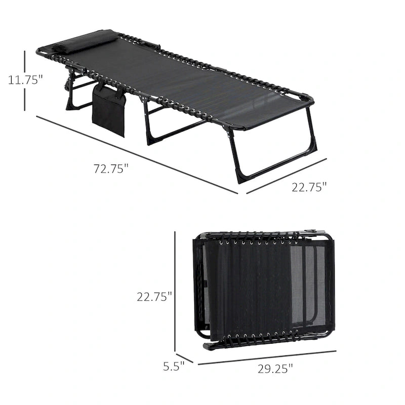 Chaise longue inclinable Outsunny, transat portable, lit de camp pliant avec dossier réglable et oreiller amovible