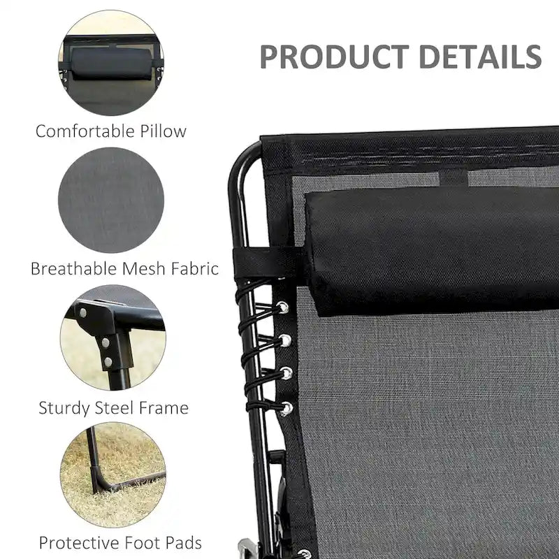 Chaise longue inclinable Outsunny, transat portable, lit de camp pliant avec dossier réglable et oreiller amovible