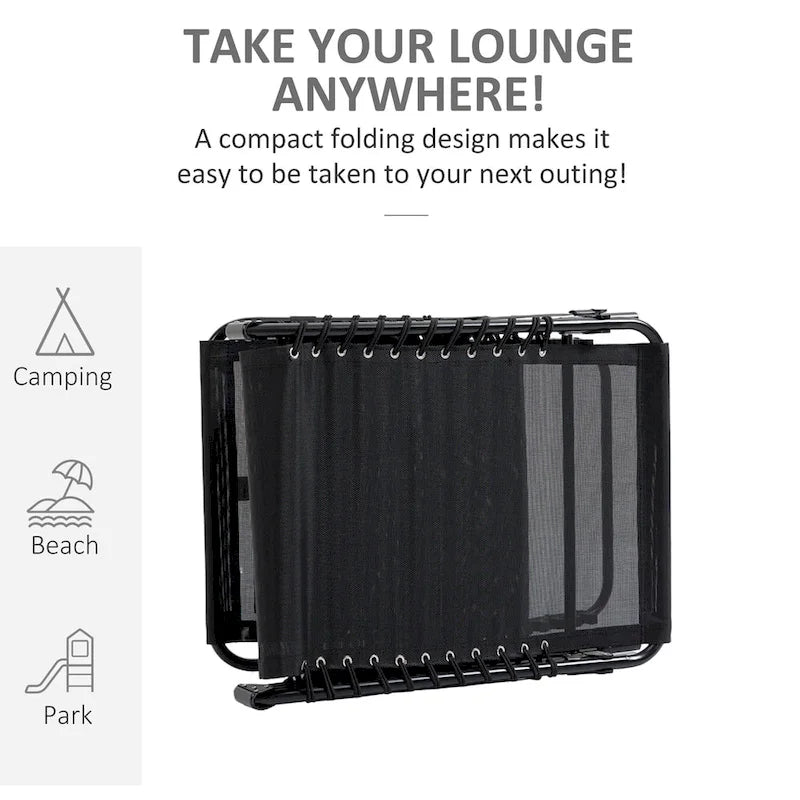 Chaise longue inclinable Outsunny, transat portable, lit de camp pliant avec dossier réglable et oreiller amovible