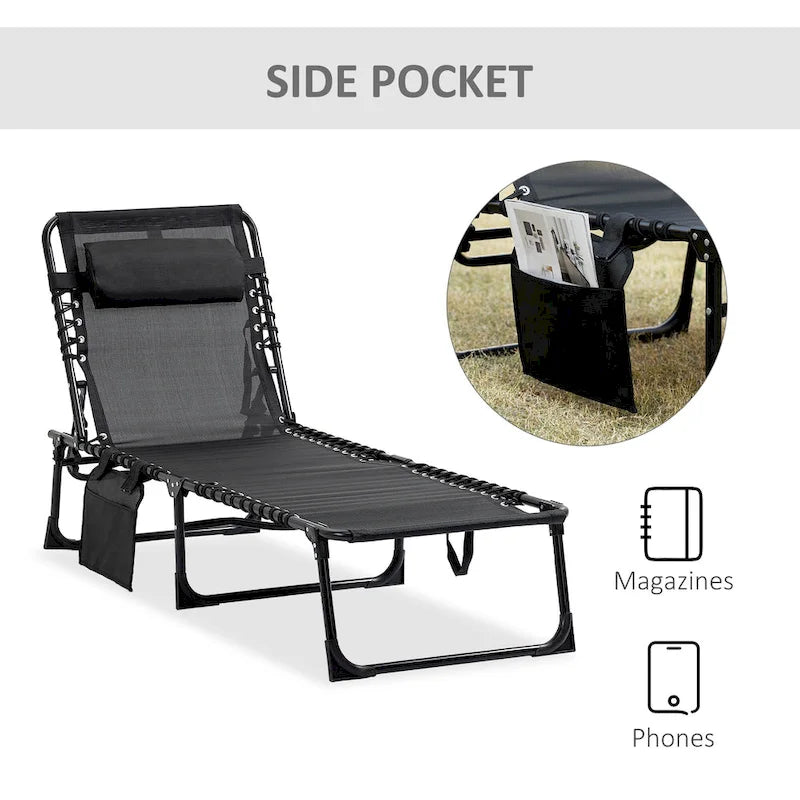 Chaise longue inclinable Outsunny, transat portable, lit de camp pliant avec dossier réglable et oreiller amovible