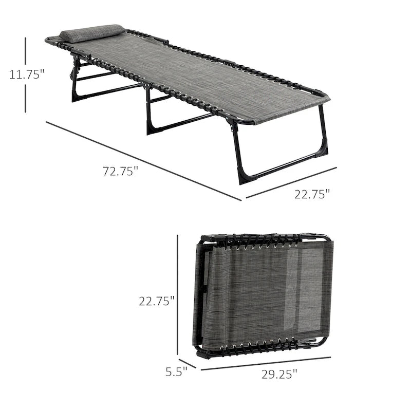 Chaise longue inclinable Outsunny, transat portable, lit de camp pliant avec dossier réglable et oreiller amovible