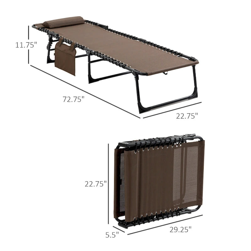 Chaise longue inclinable Outsunny, transat portable, lit de camp pliant avec dossier réglable et oreiller amovible