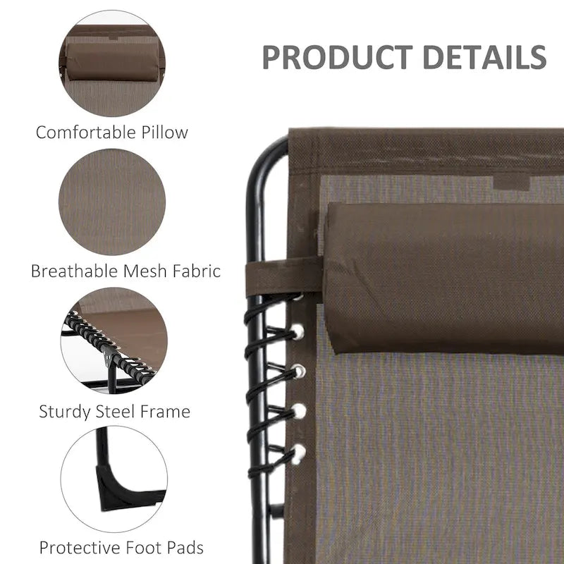 Chaise longue inclinable Outsunny, transat portable, lit de camp pliant avec dossier réglable et oreiller amovible