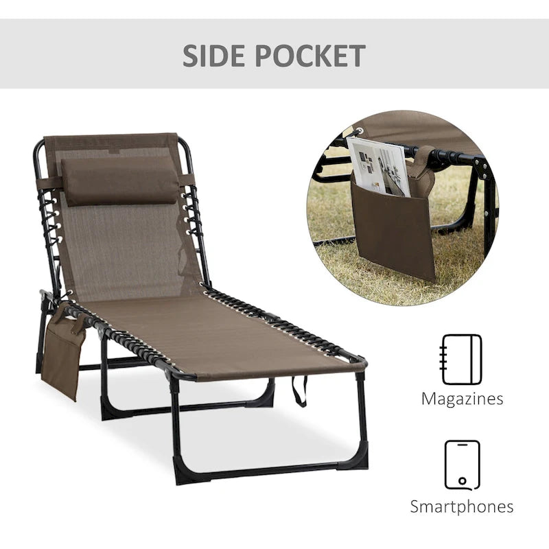 Chaise longue inclinable Outsunny, transat portable, lit de camp pliant avec dossier réglable et oreiller amovible