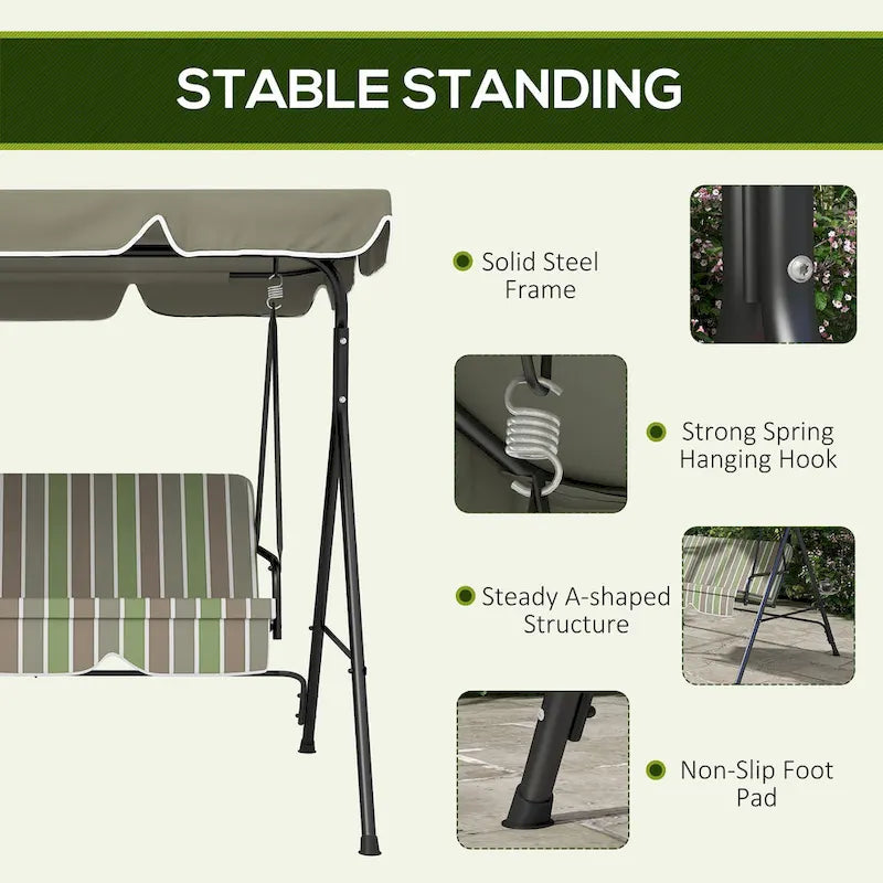 Balançoire de jardin 3 places Outsunny avec coussin amovible et auvent inclinable réglable pour terrasse, jardin, bord de piscine