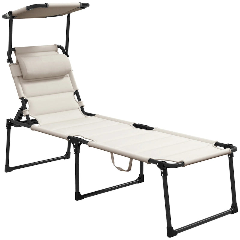 Outdoor Folding Chaise Lounge Chair, Adjustable Sunbathing Lounger with Sun Shade Canopy, Padded Pillow for Beach, Camping