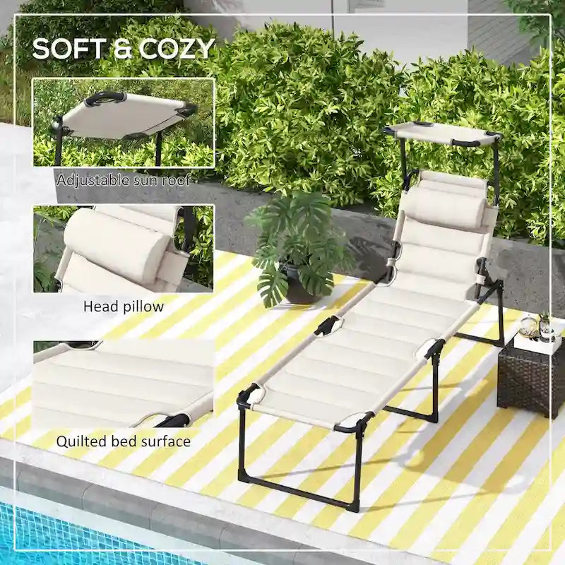 Chaise longue pliante d'extérieur, transat réglable avec pare-soleil, oreiller rembourré pour la plage, le camping