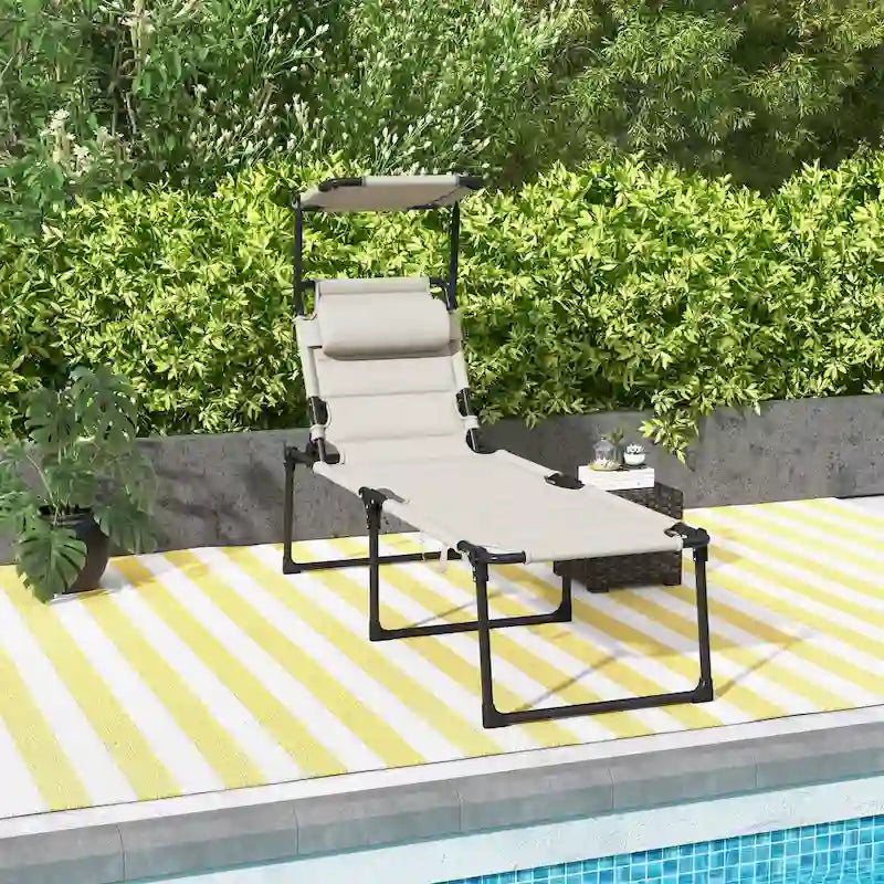 Chaise longue pliante d'extérieur, transat réglable avec pare-soleil, oreiller rembourré pour la plage, le camping