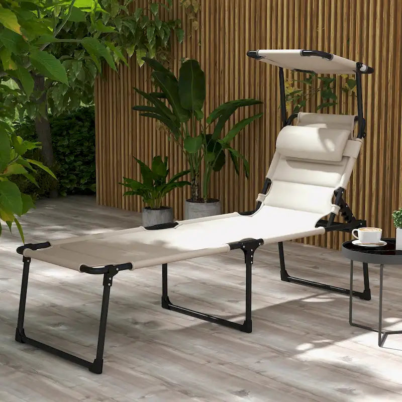 Chaise longue pliante d'extérieur, transat réglable avec pare-soleil, oreiller rembourré pour la plage, le camping