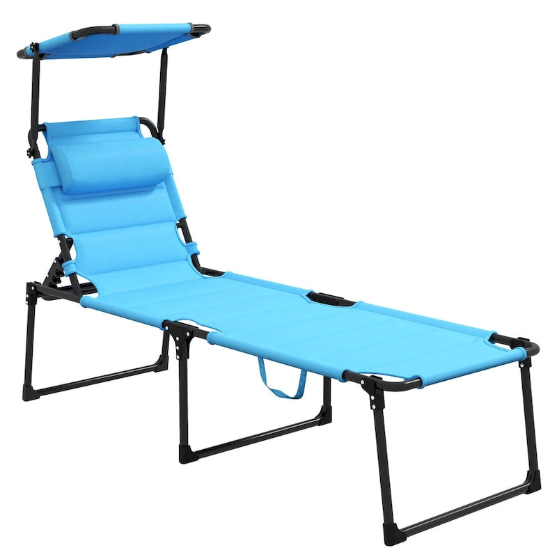 Chaise longue pliante d'extérieur, transat réglable avec pare-soleil, oreiller rembourré pour la plage, le camping