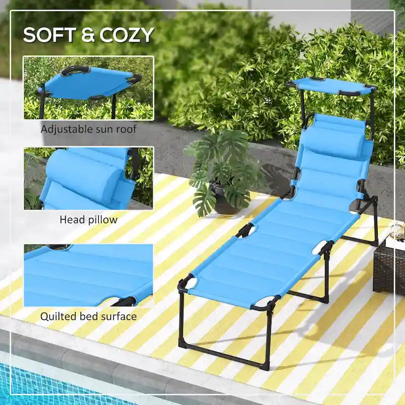 Chaise longue pliante d'extérieur, transat réglable avec pare-soleil, oreiller rembourré pour la plage, le camping