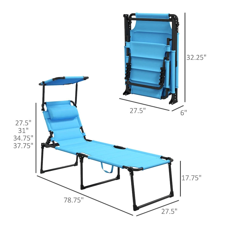 Chaise longue pliante d'extérieur, transat réglable avec pare-soleil, oreiller rembourré pour la plage, le camping
