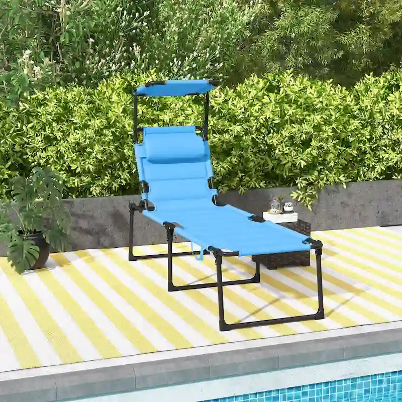 Chaise longue pliante d'extérieur, transat réglable avec pare-soleil, oreiller rembourré pour la plage, le camping