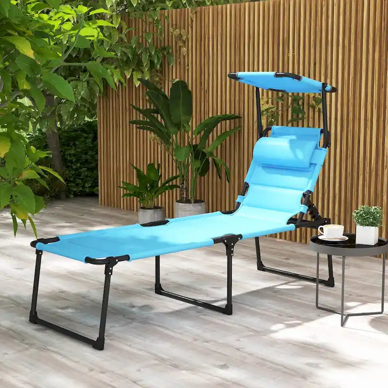Chaise longue pliante d'extérieur, transat réglable avec pare-soleil, oreiller rembourré pour la plage, le camping