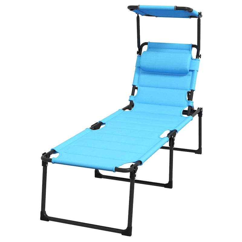 Chaise longue pliante d'extérieur, transat réglable avec pare-soleil, oreiller rembourré pour la plage, le camping