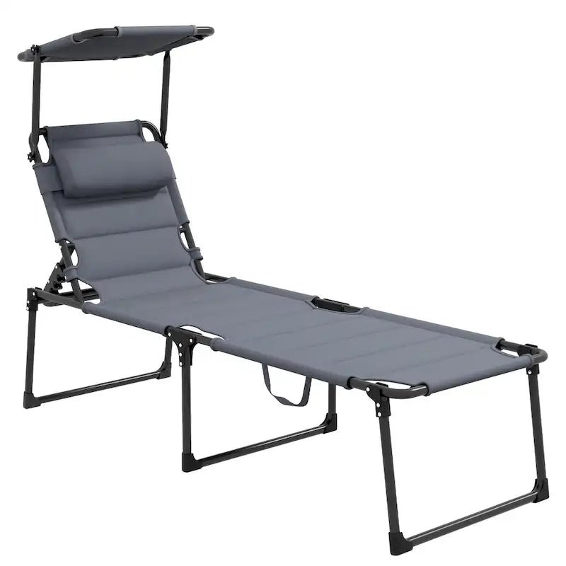 Chaise longue pliante d'extérieur, transat réglable avec pare-soleil, oreiller rembourré pour la plage, le camping