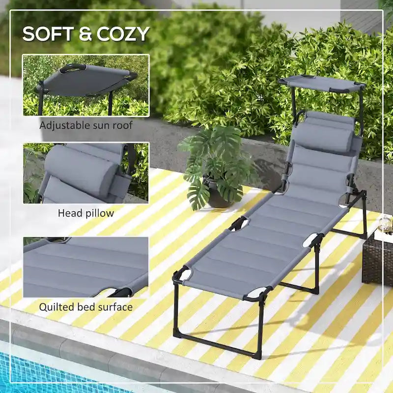 Chaise longue pliante d'extérieur, transat réglable avec pare-soleil, oreiller rembourré pour la plage, le camping