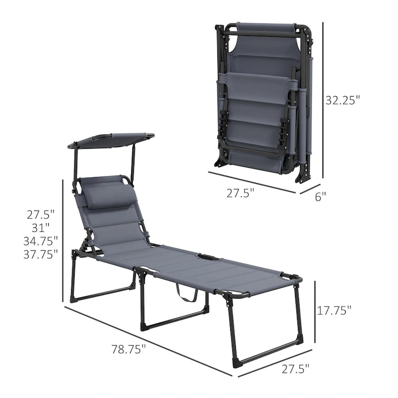 Chaise longue pliante d'extérieur, transat réglable avec pare-soleil, oreiller rembourré pour la plage, le camping