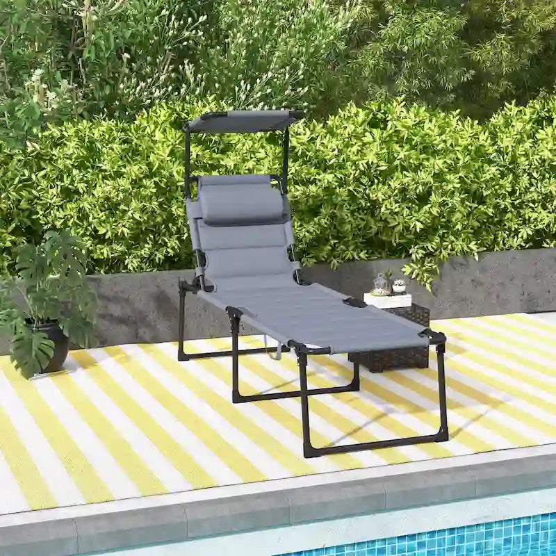 Chaise longue pliante d'extérieur, transat réglable avec pare-soleil, oreiller rembourré pour la plage, le camping