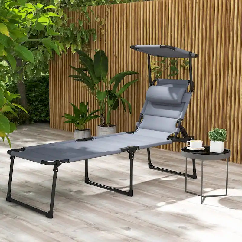 Chaise longue pliante d'extérieur, transat réglable avec pare-soleil, oreiller rembourré pour la plage, le camping
