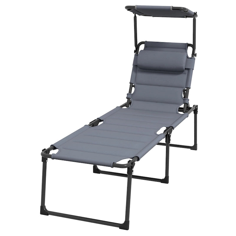 Chaise longue pliante d'extérieur, transat réglable avec pare-soleil, oreiller rembourré pour la plage, le camping