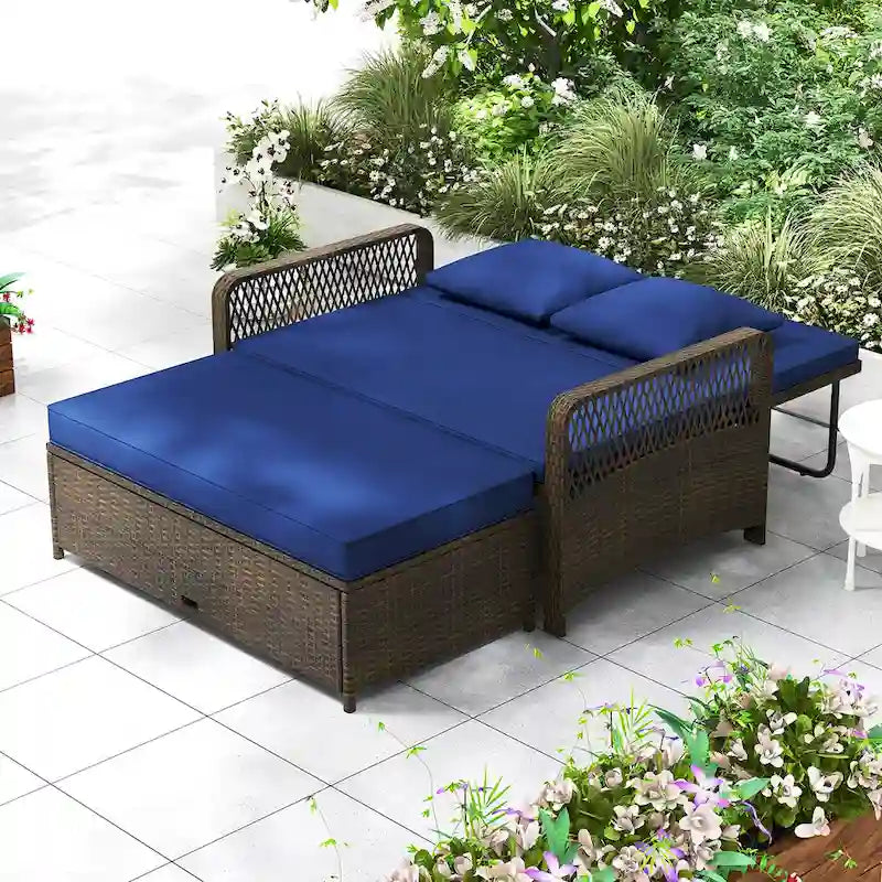 Gymax Lit de repos en rotin pour patio, causeuse en osier avec fonctions multiples