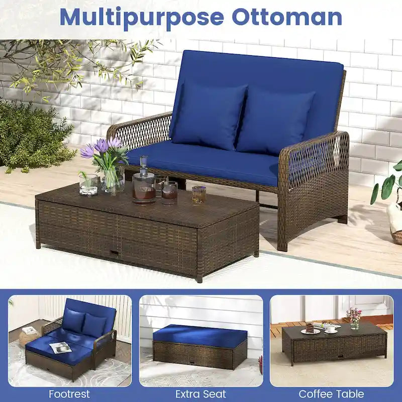 Gymax Lit de repos en rotin pour patio, causeuse en osier avec fonctions multiples