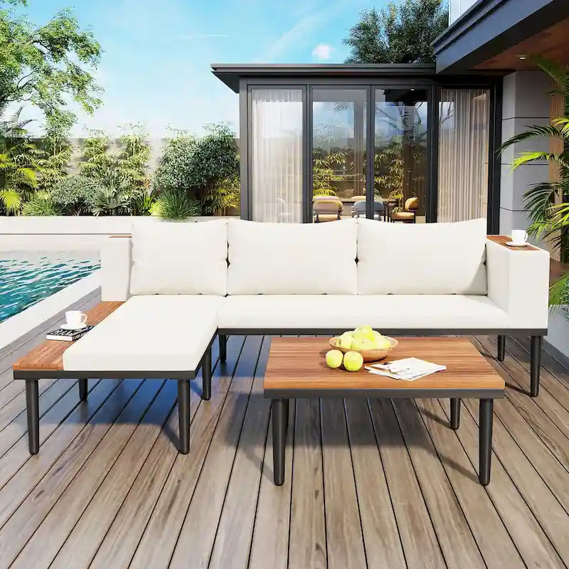 Ensemble de mobilier de patio – Canapé d'angle convertible en L avec table d'appoint, chaise longue et table basse, canapé sectionnel d'extérieur