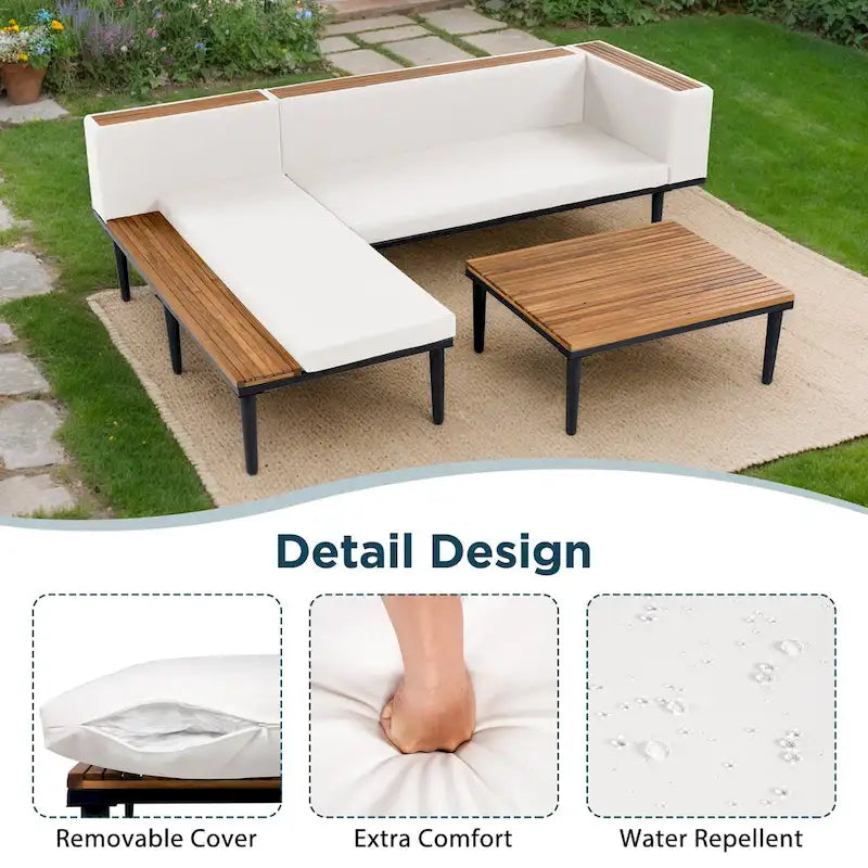 Ensemble de mobilier de patio – Canapé d'angle convertible en L avec table d'appoint, chaise longue et table basse, canapé sectionnel d'extérieur