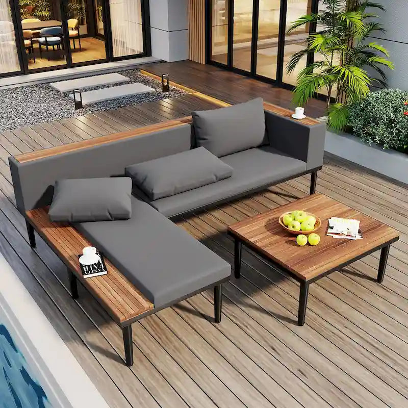 Ensemble de mobilier de patio – Canapé d'angle convertible en L avec table d'appoint, chaise longue et table basse, canapé sectionnel d'extérieur