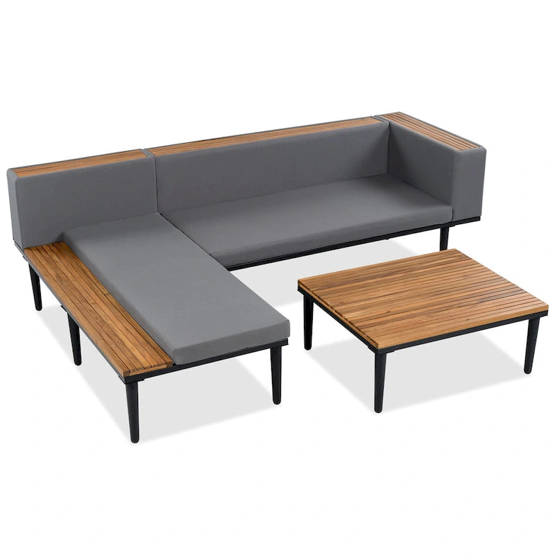 Ensemble de mobilier de patio – Canapé d'angle convertible en L avec table d'appoint, chaise longue et table basse, canapé sectionnel d'extérieur