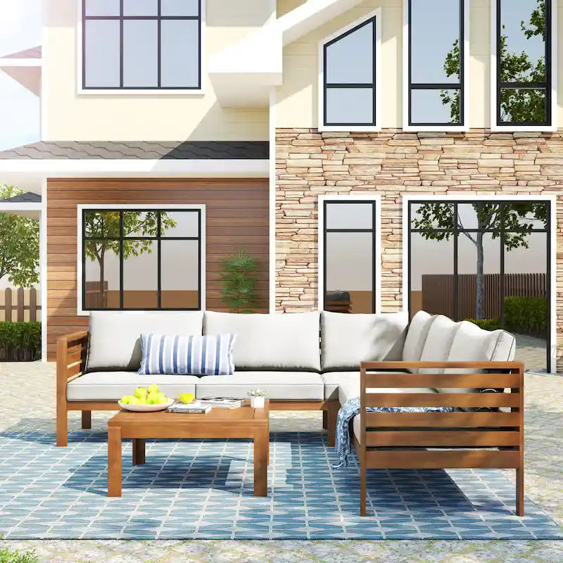 Patio L-shape Sectional Sofa with Square End Table, Wood Frame Sofa Set Conversation Sets Water-resistant and UV Protected