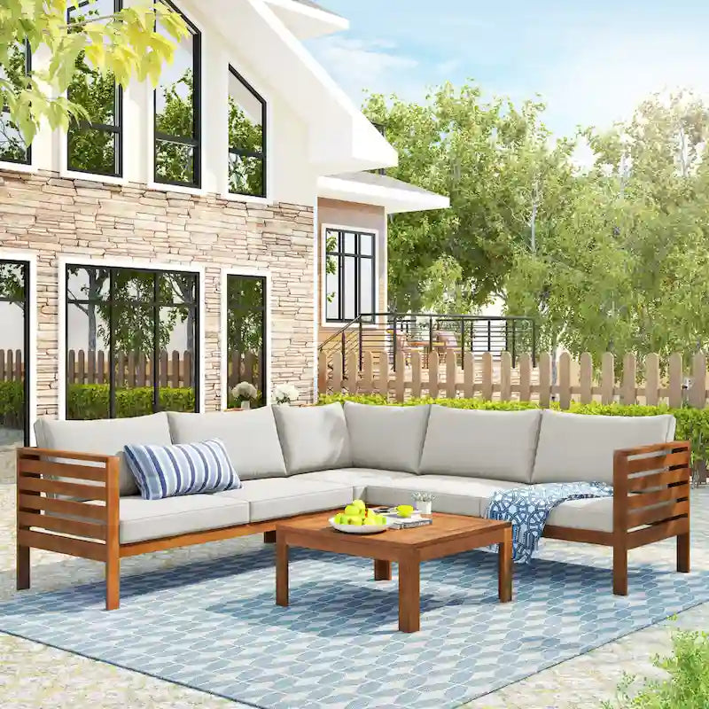 Canapé sectionnel en L pour terrasse avec table d'appoint carrée, ensemble de canapés de conversation à cadre en bois, résistant à l'eau et aux UV
