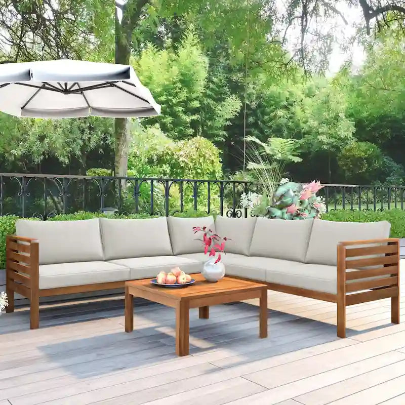 Canapé sectionnel en L pour terrasse avec table d'appoint carrée, ensemble de canapés de conversation à cadre en bois, résistant à l'eau et aux UV