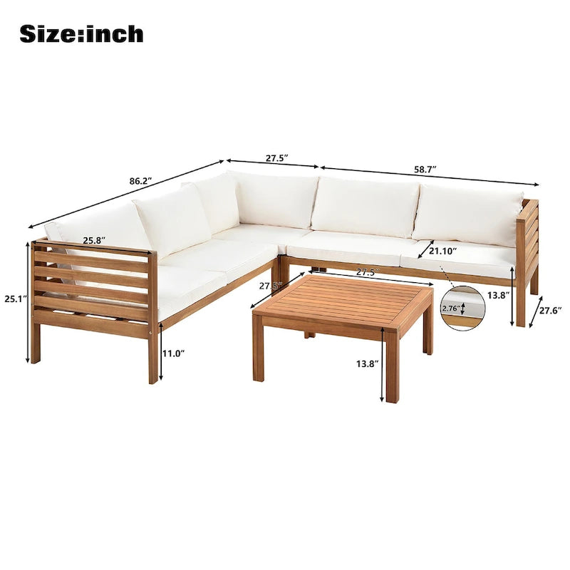 Canapé sectionnel en L pour terrasse avec table d'appoint carrée, ensemble de canapés de conversation à cadre en bois, résistant à l'eau et aux UV
