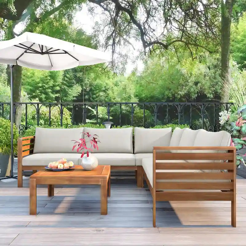 Canapé sectionnel en L pour terrasse avec table d'appoint carrée, ensemble de canapés de conversation à cadre en bois, résistant à l'eau et aux UV