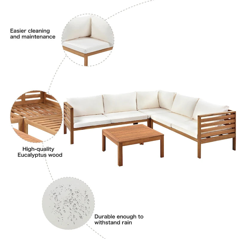 Canapé sectionnel en L pour terrasse avec table d'appoint carrée, ensemble de canapés de conversation à cadre en bois, résistant à l'eau et aux UV