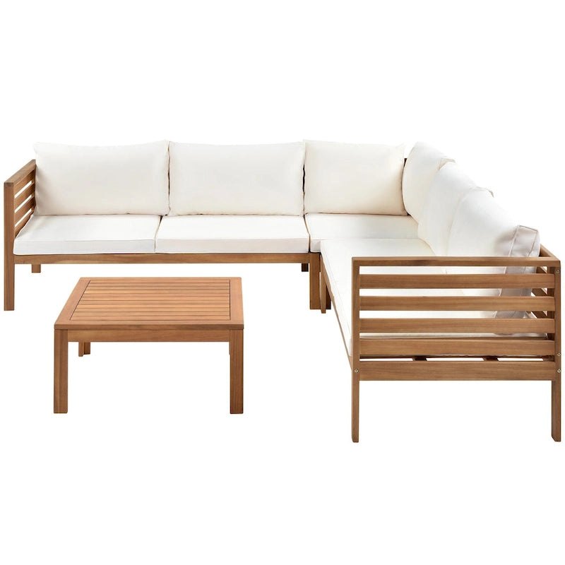 Canapé sectionnel en L pour terrasse avec table d'appoint carrée, ensemble de canapés de conversation à cadre en bois, résistant à l'eau et aux UV