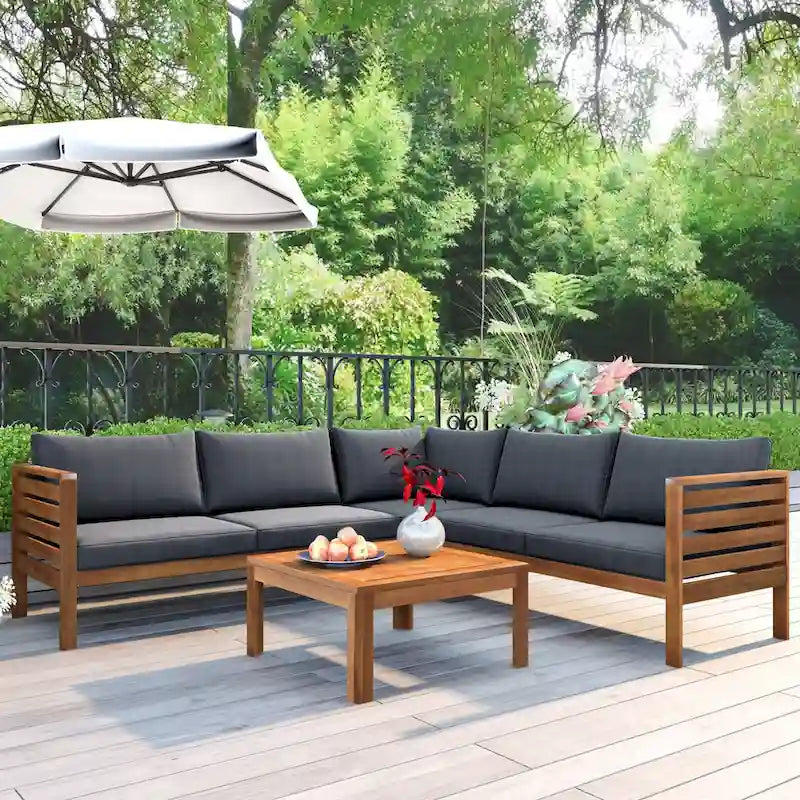 Canapé sectionnel en L pour terrasse avec table d'appoint carrée, ensemble de canapés de conversation à cadre en bois, résistant à l'eau et aux UV
