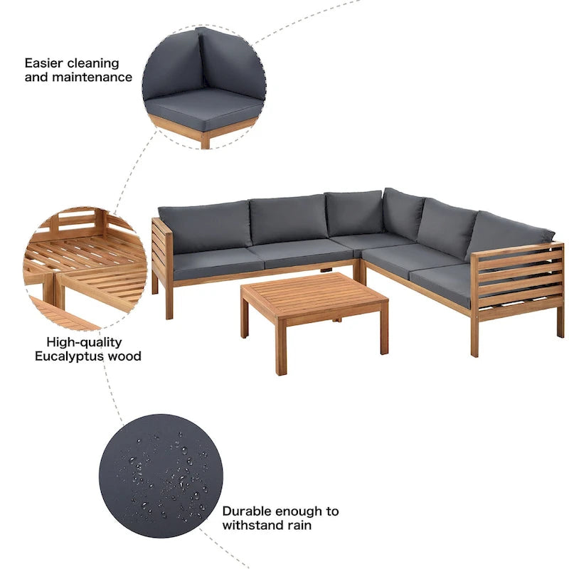 Canapé sectionnel en L pour terrasse avec table d'appoint carrée, ensemble de canapés de conversation à cadre en bois, résistant à l'eau et aux UV