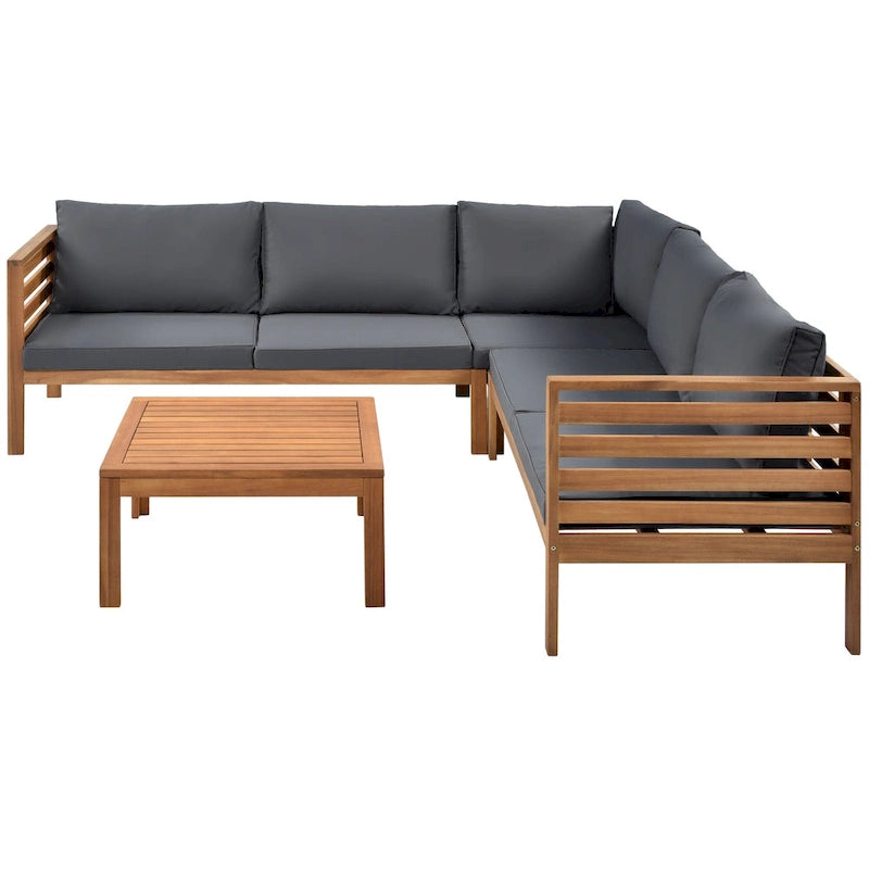 Canapé sectionnel en L pour terrasse avec table d'appoint carrée, ensemble de canapés de conversation à cadre en bois, résistant à l'eau et aux UV
