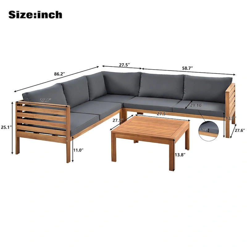 Canapé sectionnel en L pour terrasse avec table d'appoint carrée, ensemble de canapés de conversation à cadre en bois, résistant à l'eau et aux UV