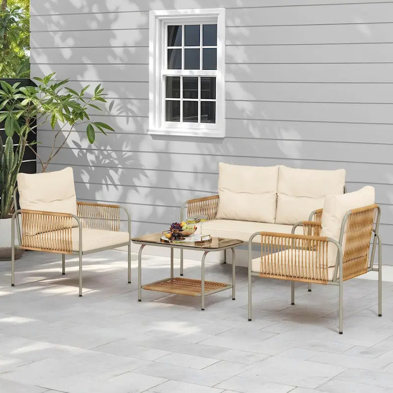 Ensemble de meubles de patio Moasis 4 pièces toutes saisons, ensemble de conversation bistro extérieur avec coussins beiges et table basse
