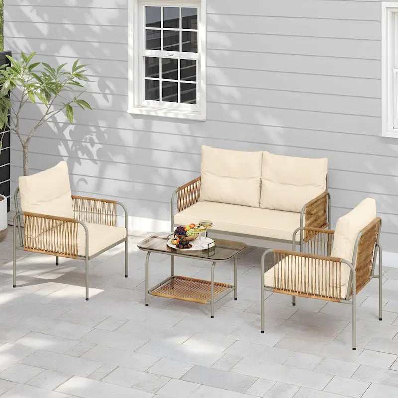 Ensemble de meubles de patio Moasis 4 pièces toutes saisons, ensemble de conversation bistro extérieur avec coussins beiges et table basse