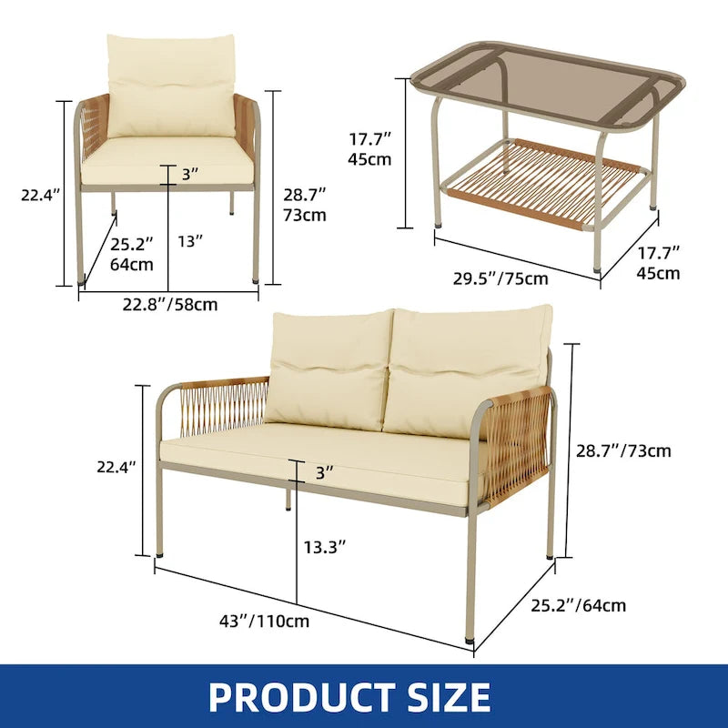 Ensemble de meubles de patio Moasis 4 pièces toutes saisons, ensemble de conversation bistro extérieur avec coussins beiges et table basse