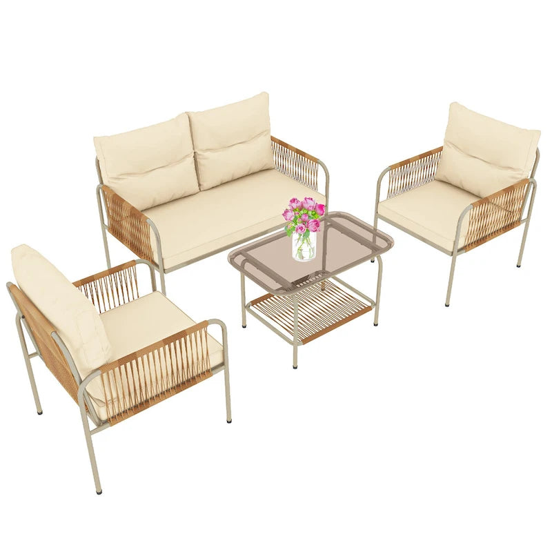 Ensemble de meubles de patio Moasis 4 pièces toutes saisons, ensemble de conversation bistro extérieur avec coussins beiges et table basse