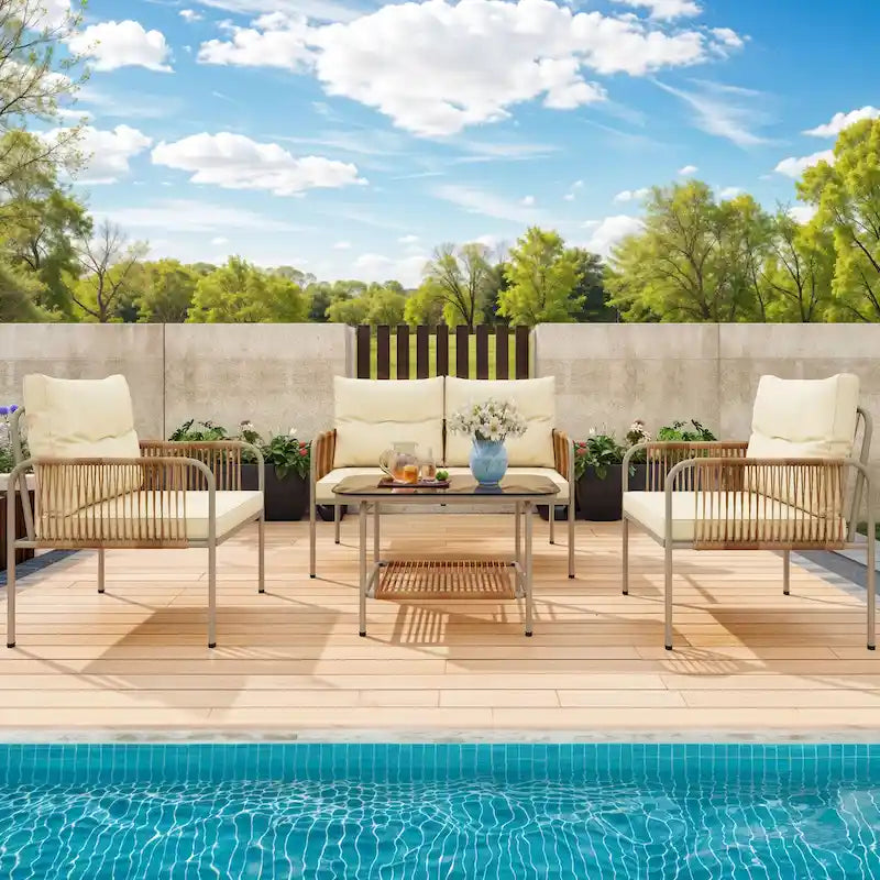 Moasis Ensemble de 4 meubles de patio en rotin, ensemble de conversation en osier avec coussin beige et table basse.