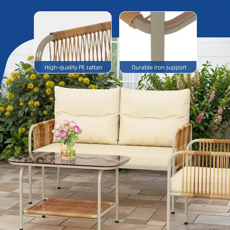 Moasis Ensemble de 4 meubles de patio en rotin, ensemble de conversation en osier avec coussin beige et table basse.