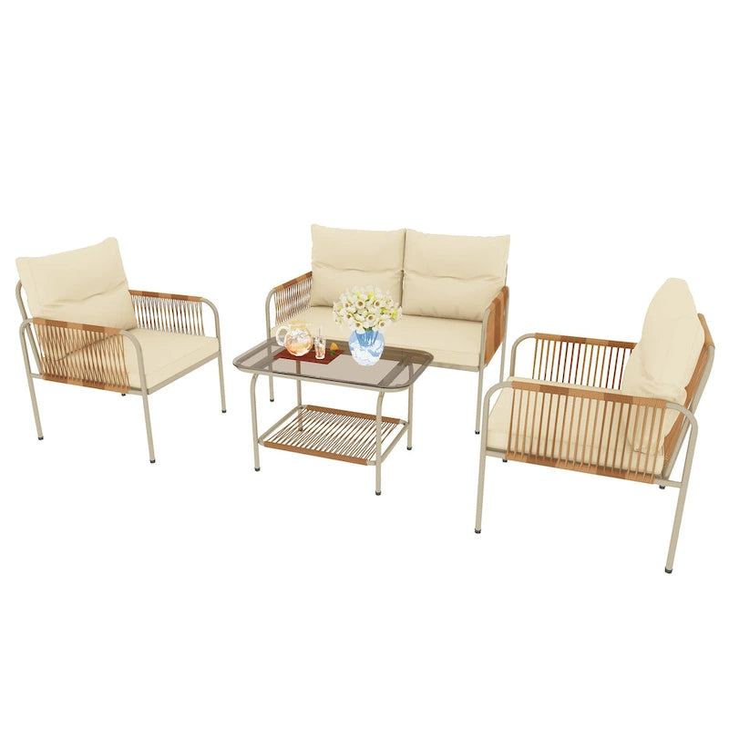 Moasis Ensemble de 4 meubles de patio en rotin, ensemble de conversation en osier avec coussin beige et table basse.