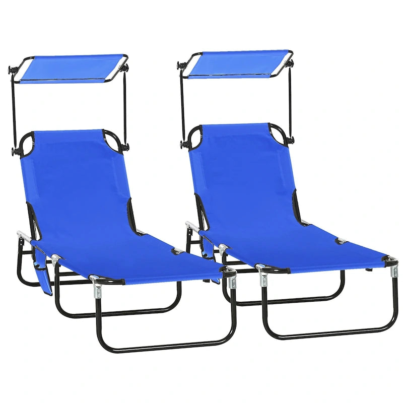 Outsunny Folding Chaise Lounge Pool Chairs with Canopy Shade, Reclining Back, Steel Frame and Side Pocket, 2 Piece